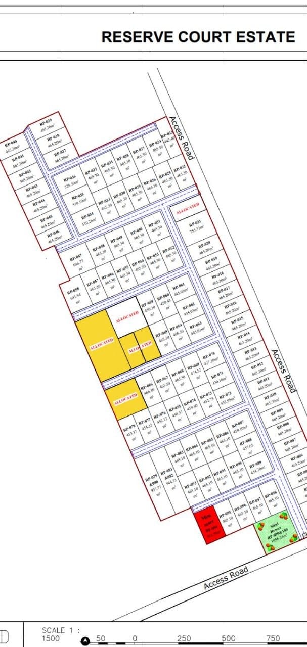 Reserve Court allocation map showing numbered plots, access roads and plots marked allocated